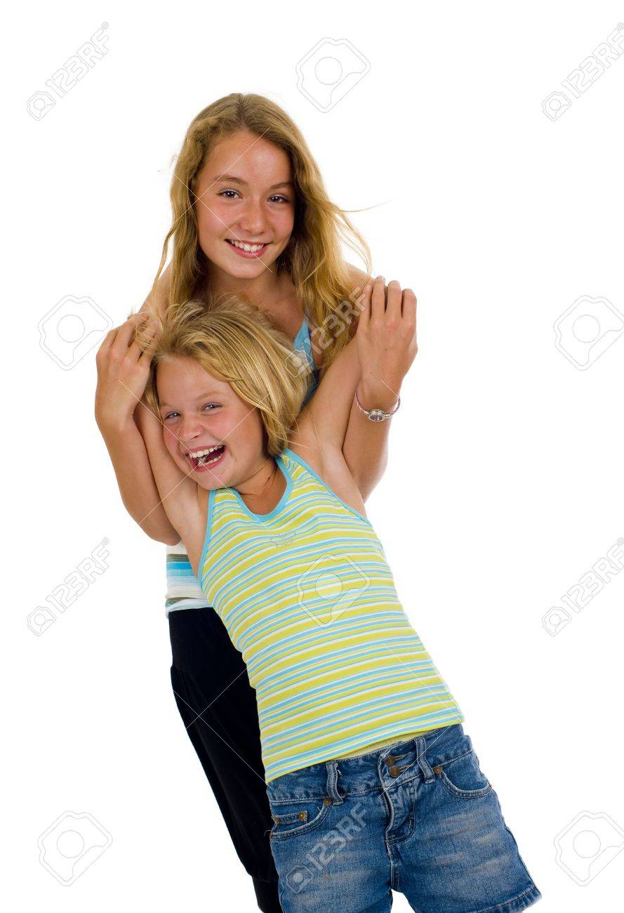 Playful Young Naughty Sisters Having Fun, Isolated On White Stock Photo,  Picture and Royalty Free Image. Image 6682542.