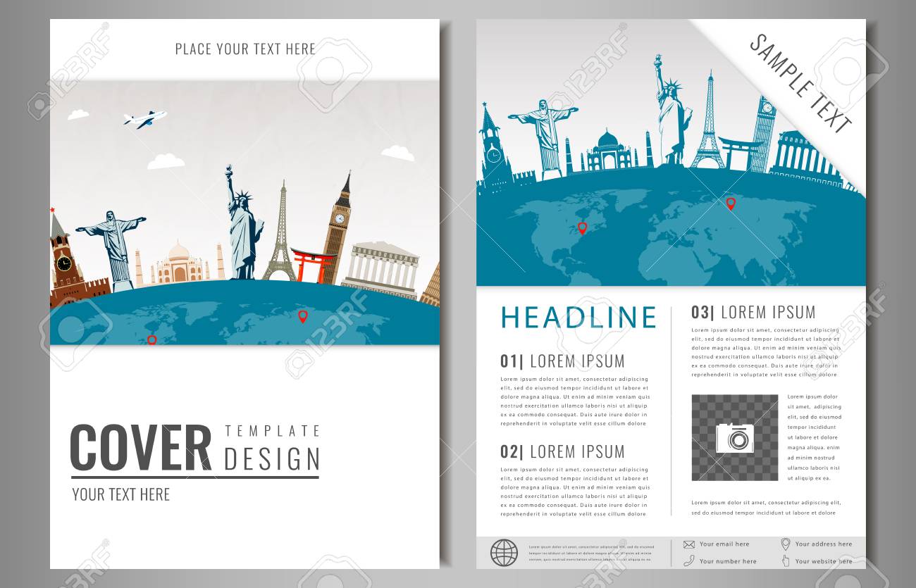 travel flyer design with famous world landmarks brochure headline brochure design for tourism