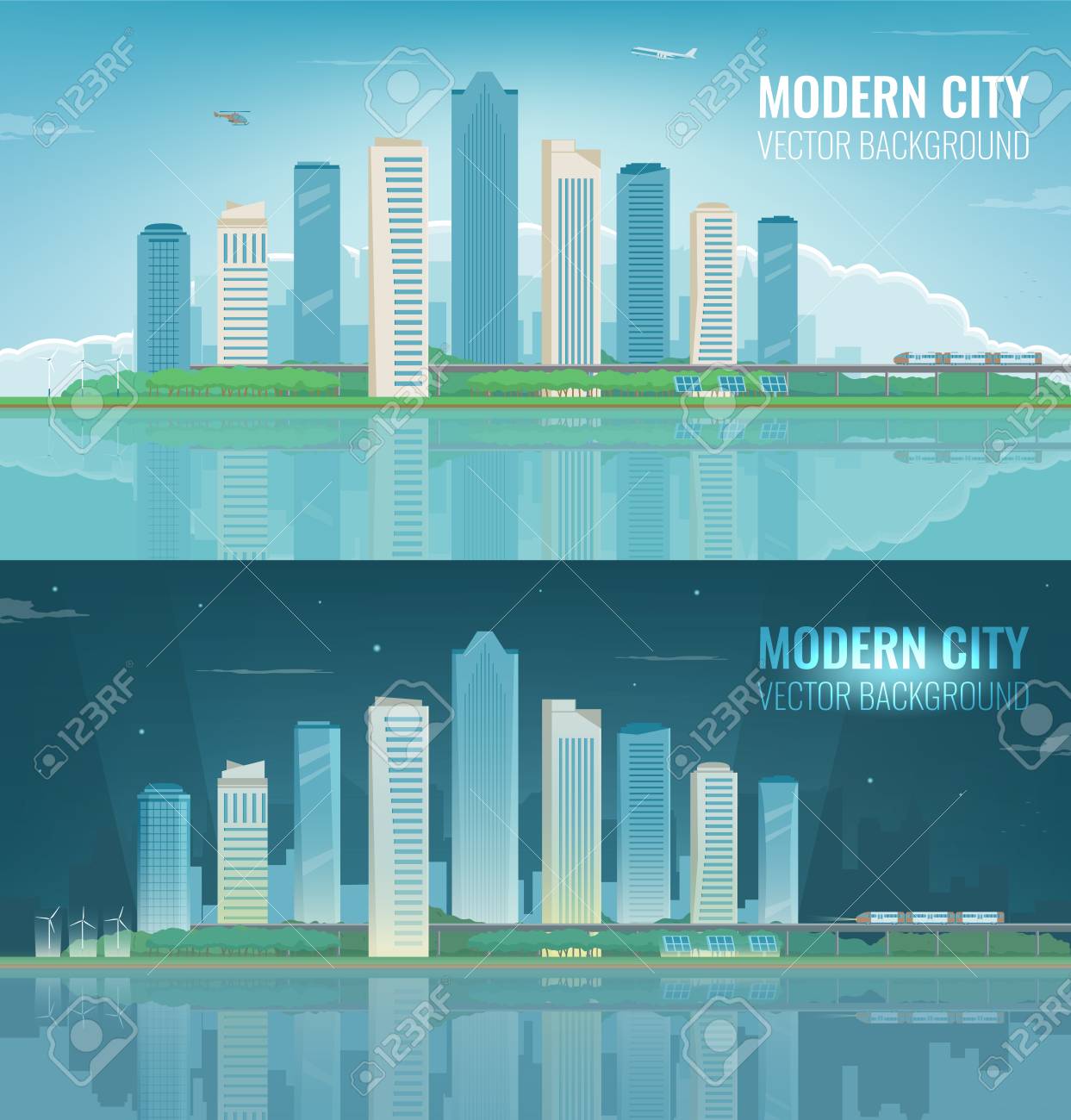 昼と夜の都会の風景 近代的な都市 建築建築 都市景観の町 ベクトル のイラスト素材 ベクタ Image