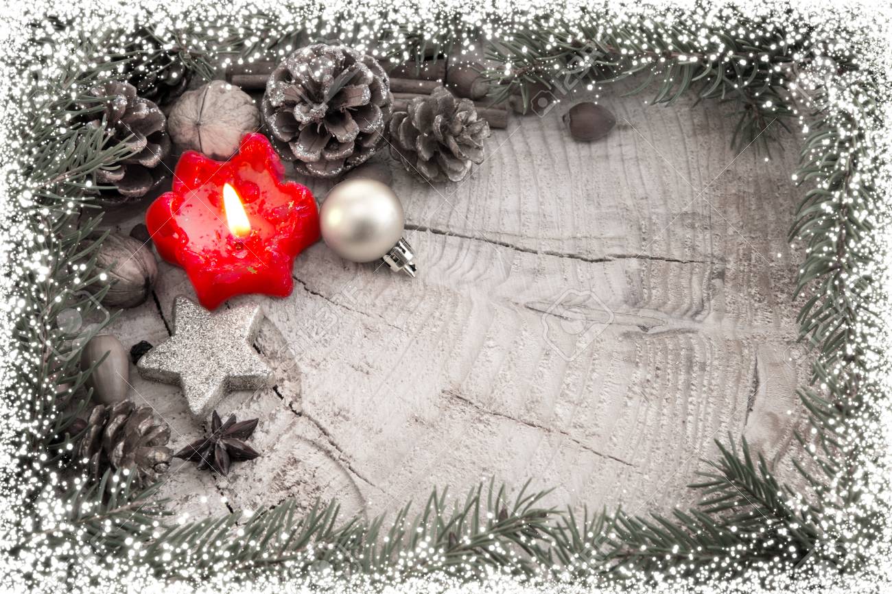 Christmas Decoration With Red Advent Candle And Fir Branch Frame Top View With Copy Space On Wood Christmas Ornaments Border With Fir Tree Branches And Snow Stock Photo Picture And Royalty Free