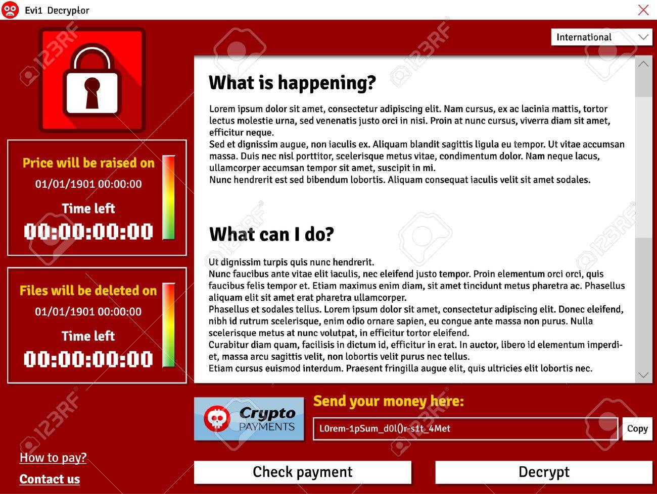 cryptolocker virus interface window showing infected data timer