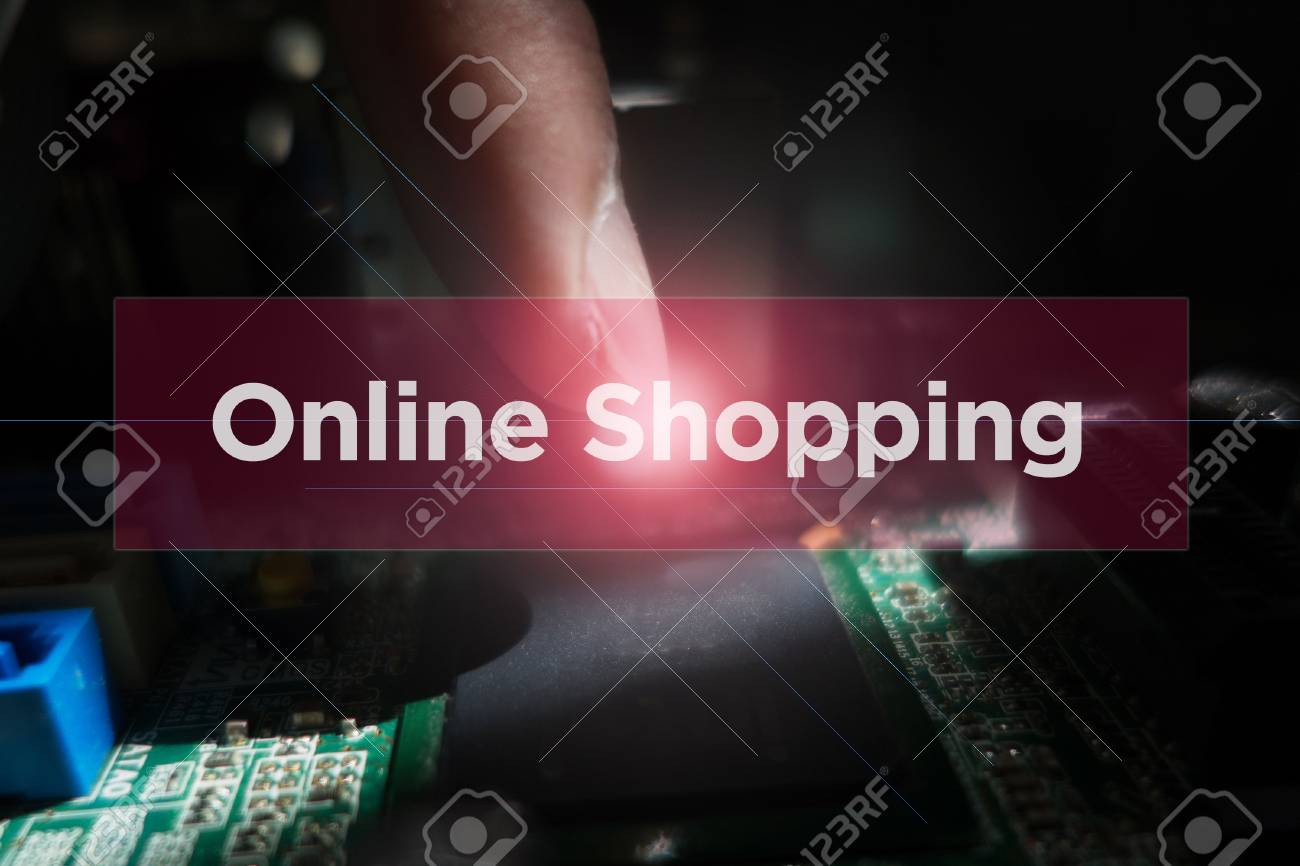 close up of electronic circuit board with word online shopping