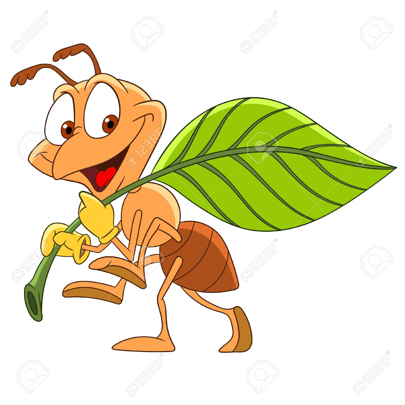 かわいい幸せと笑顔の勤勉漫画アリは葉 白い背景で隔離を実施します のイラスト素材 ベクタ Image