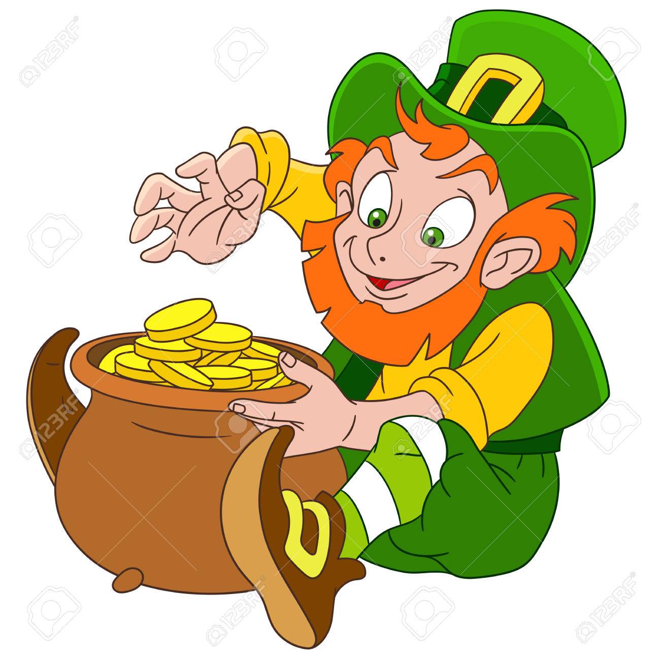 im Irland-Design Glücklicher Kobold der Kleeblätter in einem Topf zieht im Irland-Design Glücklicher Kobold der Kleeblätter in einem Topf zieht