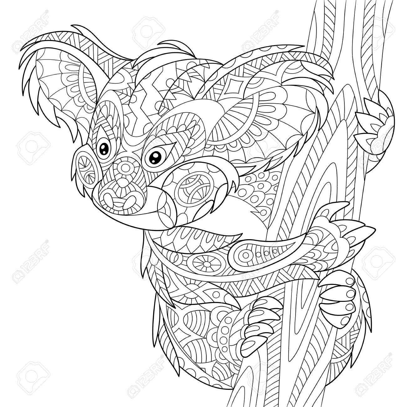 stylized cartoon koala bear, isolated on white background. Hand drawn sketch for adult antistress coloring page, T-shirt emblem or tattoo with doodle, floral design elements. - 56874135 stylized cartoon koala bear, isolated on white background. Hand drawn sketch for adult antistress coloring page, T-shirt emblem or tattoo with doodle, floral design elements. - 56874135