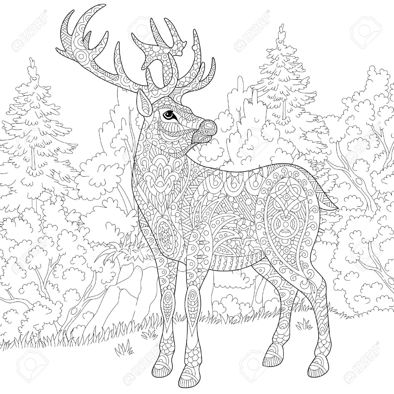 stylized cartoon deer (stag, christmas reindeer). sketch for adult antistress coloring book page, T-shirt emblem, or tattoo with doodle, and floral design elements. - 60323964 stylized cartoon deer (stag, christmas reindeer). sketch for adult antistress coloring book page, T-shirt emblem, or tattoo with doodle, and floral design elements. - 60323964