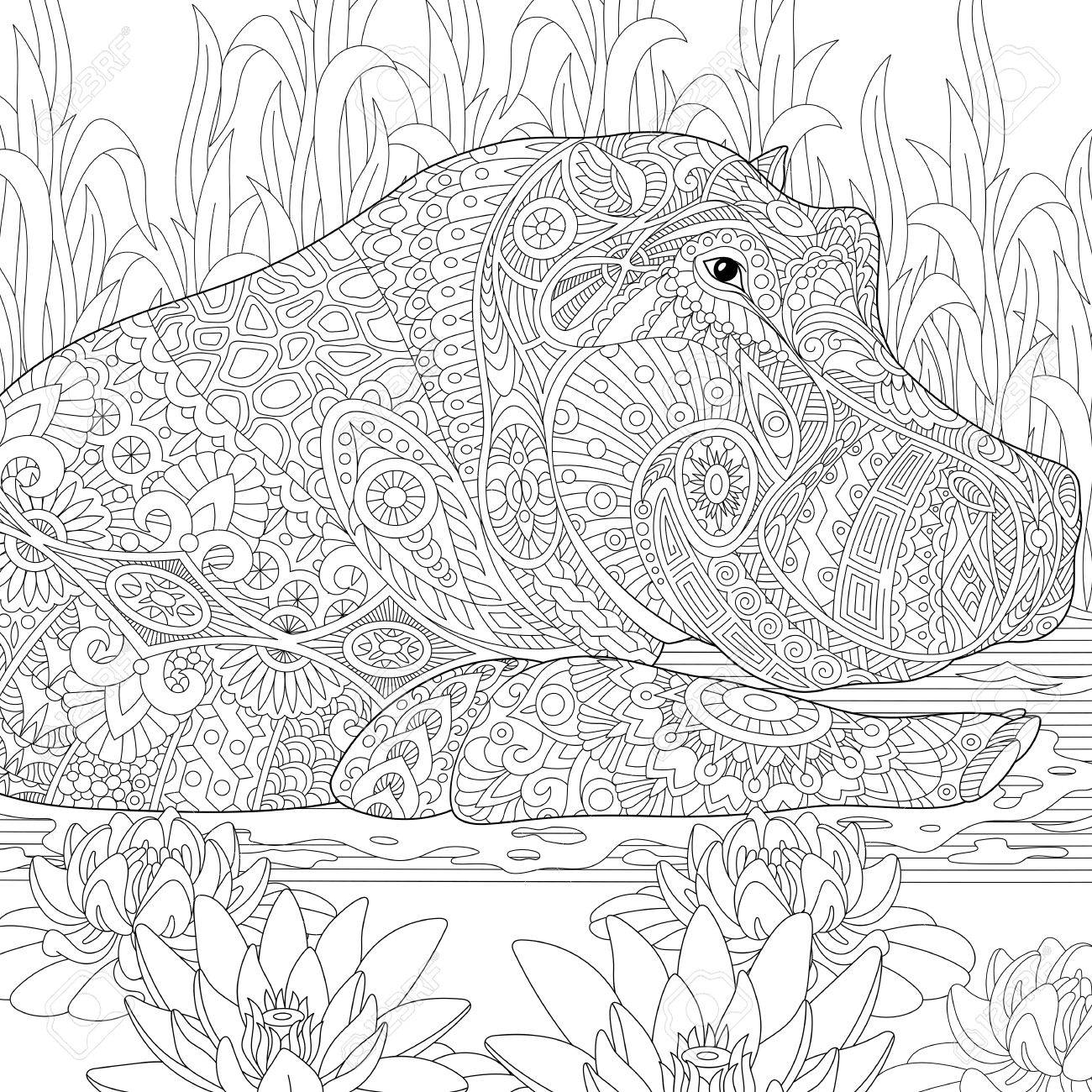 hippopotamus de bande dessinee stylisee hippopotame natation parmi les fleurs lotus et algues des etangs esquisser pour adultes page du livre coloriage antistress avec griffonnage elements design coloriages berlin