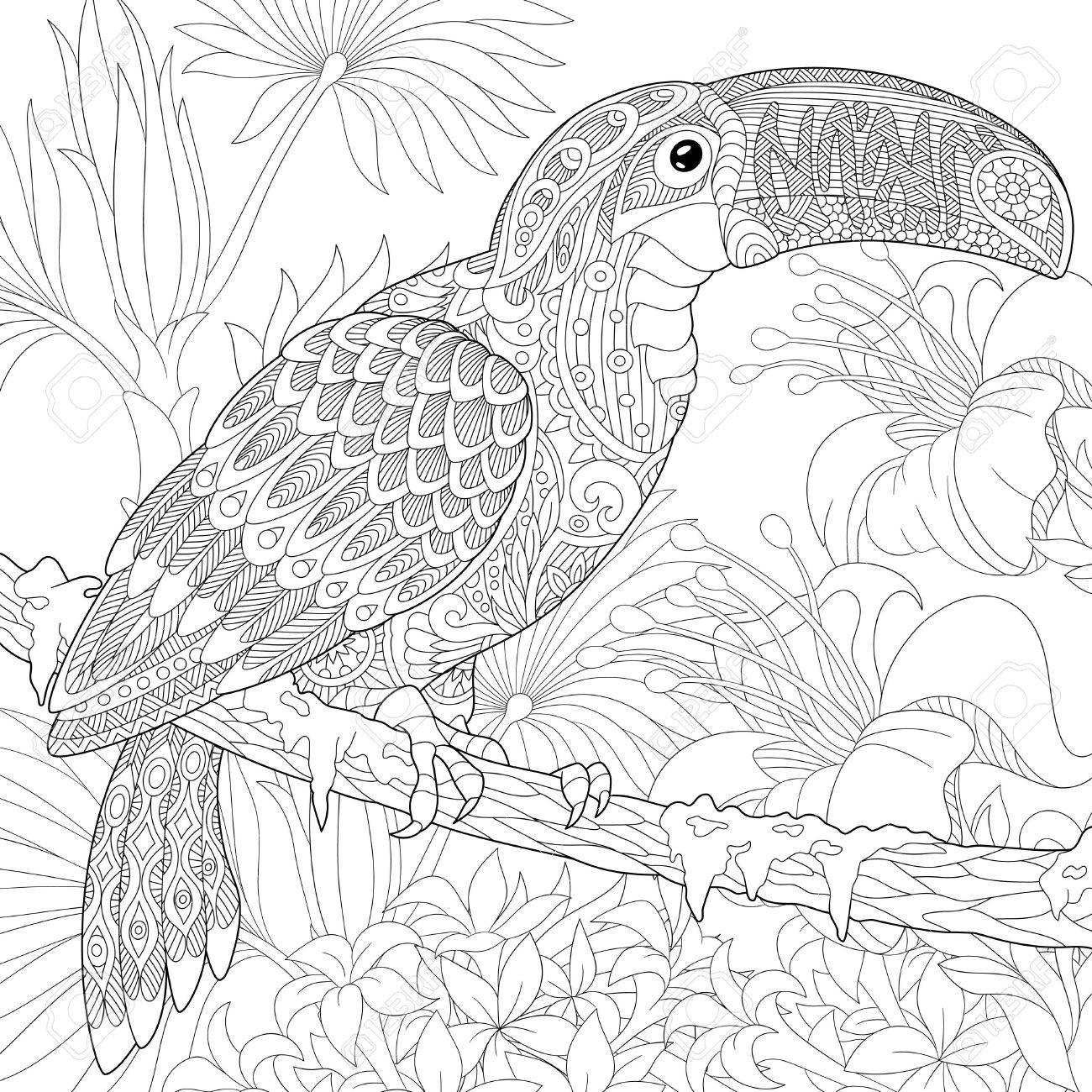 Stylized toucan bird sitting on palm tree branch among hibiscus flowers.
Freehand sketch for adult anti stress coloring book page with doodle elements. - 61801586 Stylized toucan bird sitting on palm tree branch among hibiscus flowers.
Freehand sketch for adult anti stress coloring book page with doodle elements. - 61801586