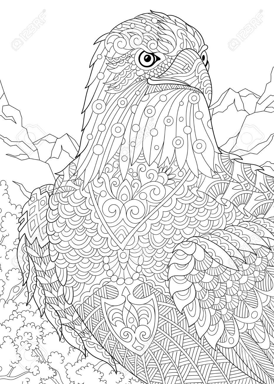 aigle stylise faucon le balbuzard pecheur dans les montagnes des prairies croquis freehand pour la page de livre adulte anti coloration stress avec doodle et elements zentangle clip art libres coloriage jpg