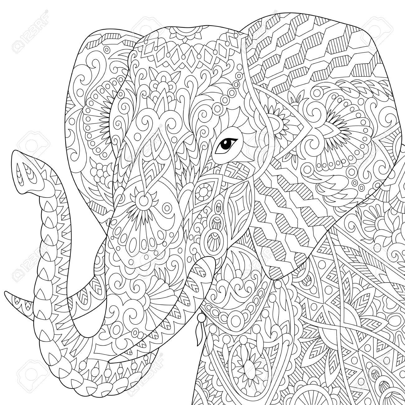 Stylized elephant, isolated on white background. Freehand sketch for adult anti stress coloring book page with doodle and zentangle elements. - 66648271 Stylized elephant, isolated on white background. Freehand sketch for adult anti stress coloring book page with doodle and zentangle elements. - 66648271