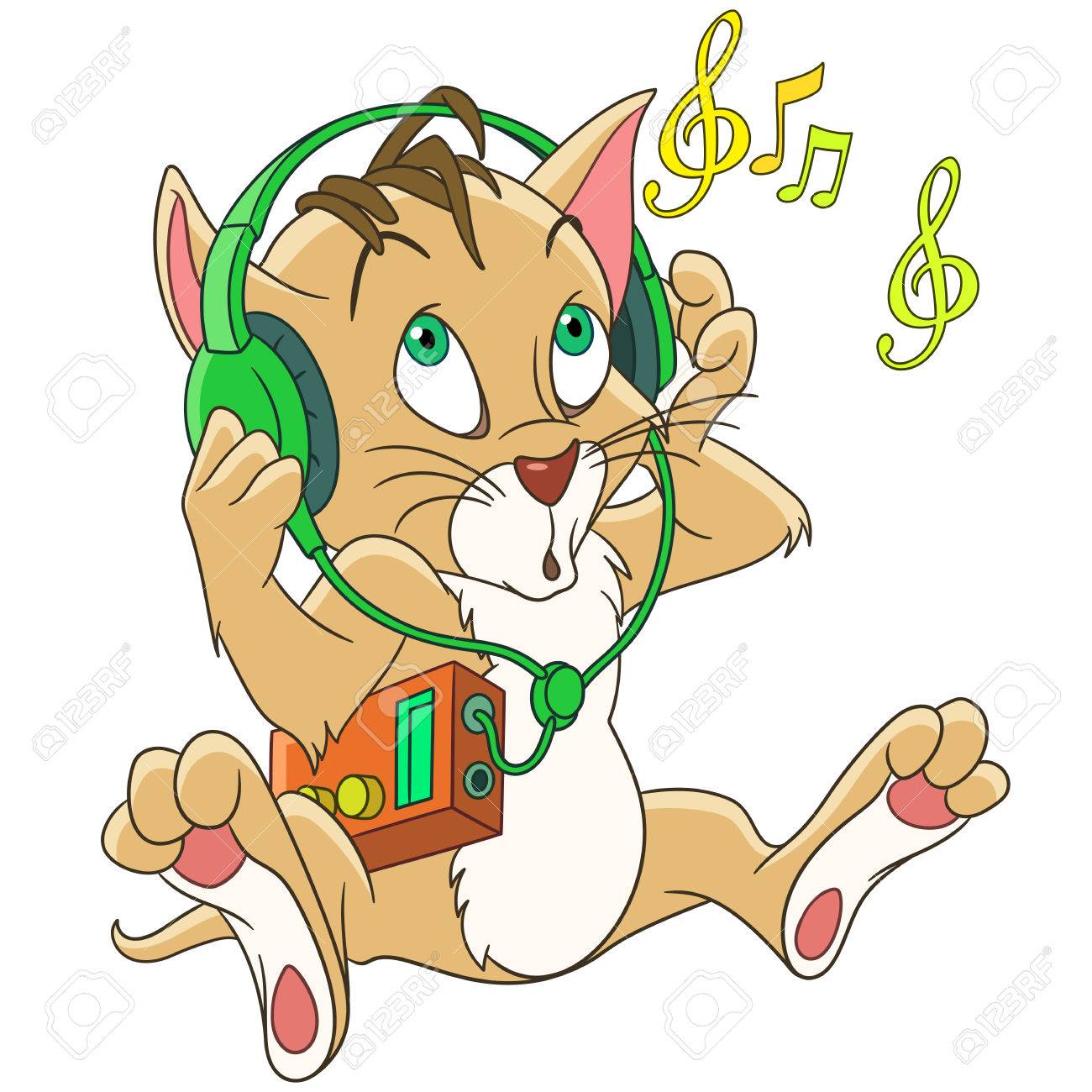 かわいい漫画キティ猫は 白い背景で隔離のヘッドフォンで音楽を聴きます 幼稚なベクトル イラストおよび子供のためのカラフルな本ページ のイラスト素材 ベクタ Image