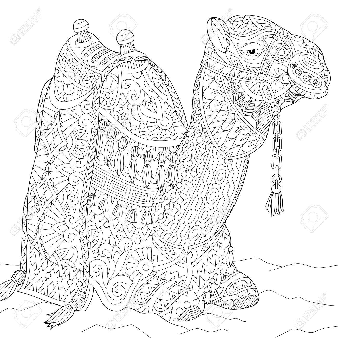 Stylized cartoon camel, isolated on white background. Freehand sketch for adult anti stress coloring book page with doodle and zentangle elements. - 70128106 Stylized cartoon camel, isolated on white background. Freehand sketch for adult anti stress coloring book page with doodle and zentangle elements. - 70128106