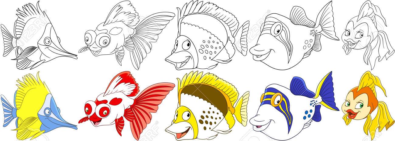 Animales del océano de la historieta fijados. Pescado de mariposa larga, carpa koi, angelfish, filefish, goldfish. Páginas para colorear para ... Animales del océano de la historieta fijados. Pescado de mariposa larga, carpa koi, angelfish, filefish, goldfish. Páginas para colorear para ...