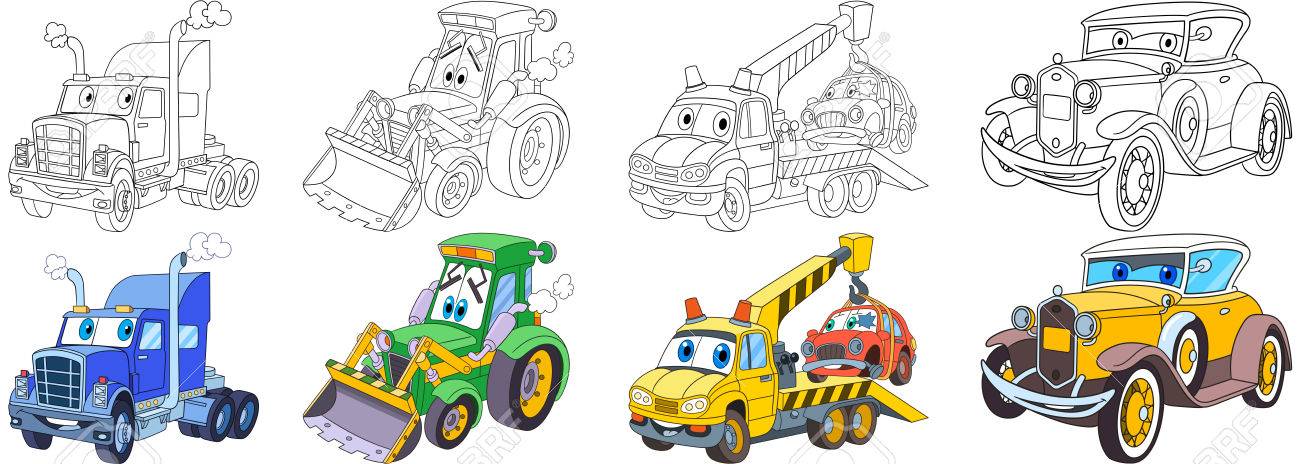 Conjunto de transporte de dibujos animados. Recogida de vehículos. Camión pesado semi (remolque, camión), tractor (bulldozer), camión de remolque ... Conjunto de transporte de dibujos animados. Recogida de vehículos. Camión pesado semi (remolque, camión), tractor (bulldozer), camión de remolque ...