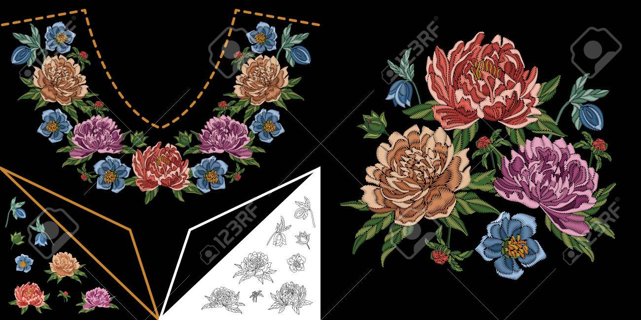 Diseno Del Neckline Del Bordado Coleccion De Elementos Florales