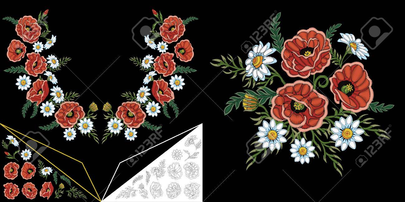 刺繍ネック デザイン ドレスの花要素のコレクション カラー T シャツとブラウス 外形図 カモミール デイジーとポピーの花を着色します のイラスト素材 ベクタ Image