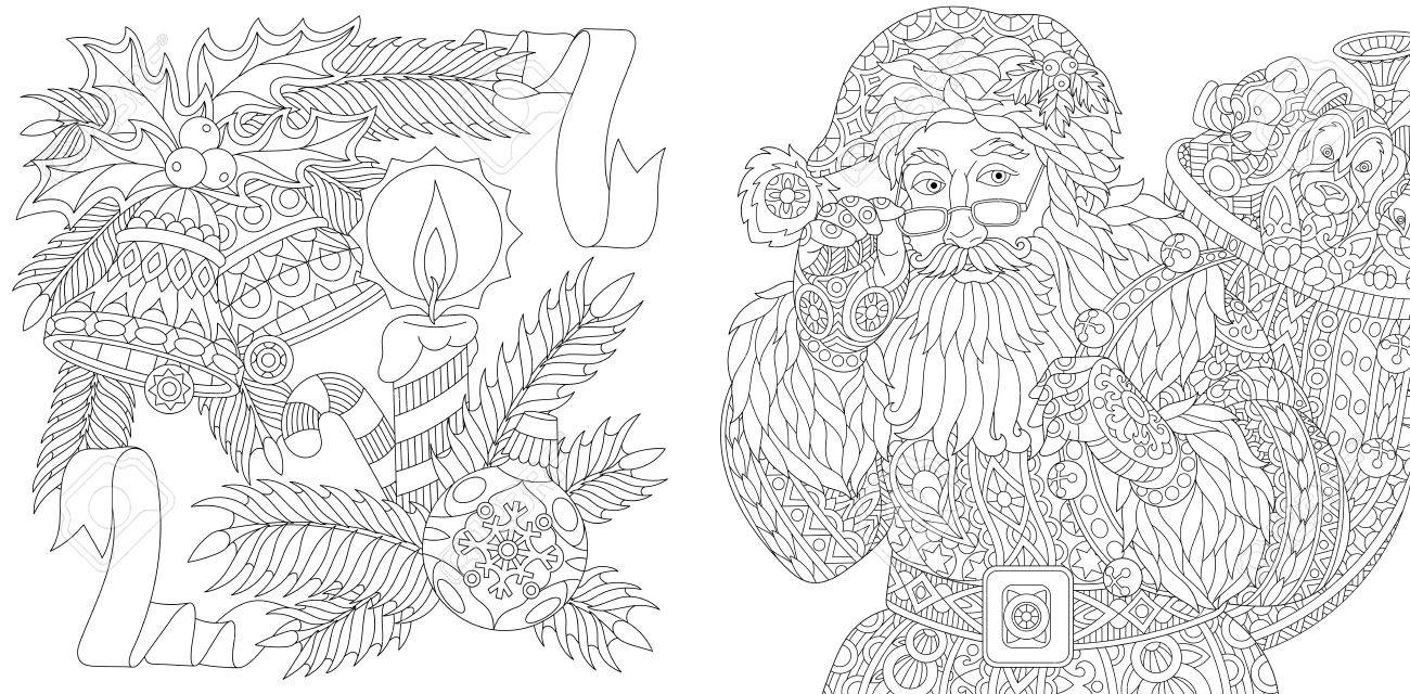 Santa Claus and New Year decorations. Christmas ball, jingle bells, candle, candy stick, ribbons, holly berry, fir branch. Adult anti stress coloring book page with zentangle elements. - 80494188 Santa Claus and New Year decorations. Christmas ball, jingle bells, candle, candy stick, ribbons, holly berry, fir branch. Adult anti stress coloring book page with zentangle elements. - 80494188
