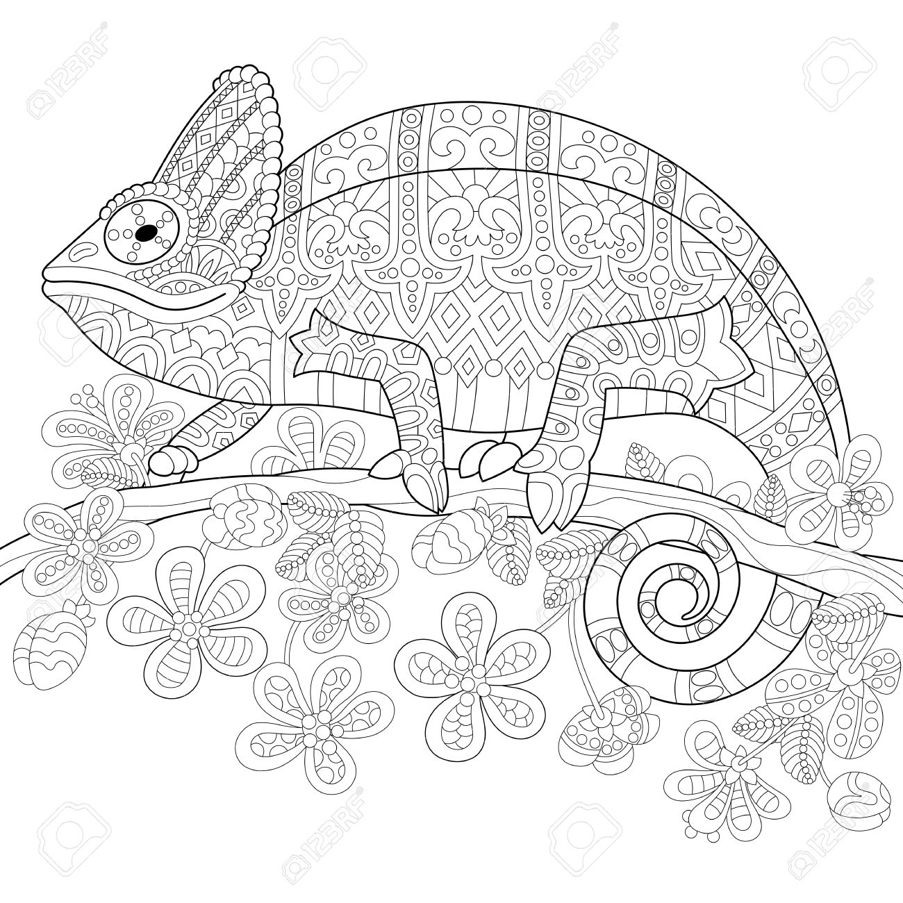 Coloring Book Page Of Chameleon Lizard And Stylized Tropical Flowers Freehand Sketch Drawing For Adult
