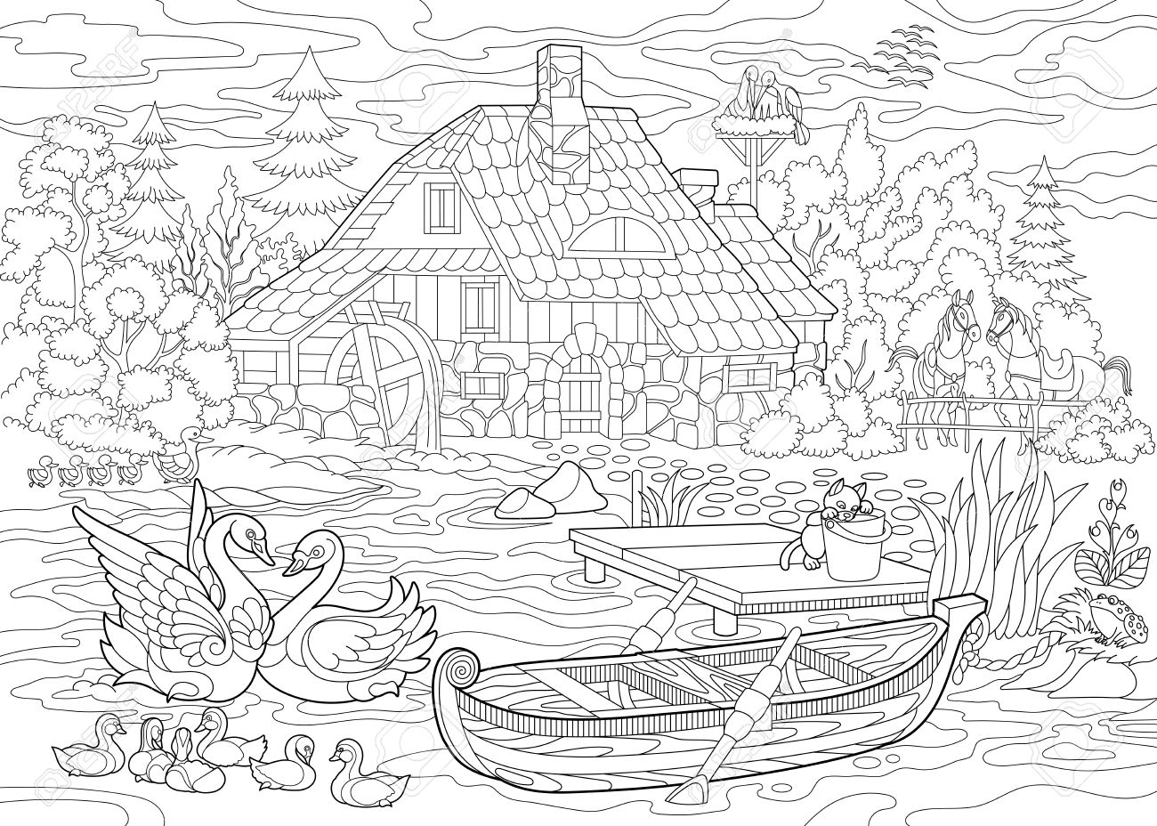 Coloring Book Page Of Rural Landscape Farm House Ducks Kitten Swans