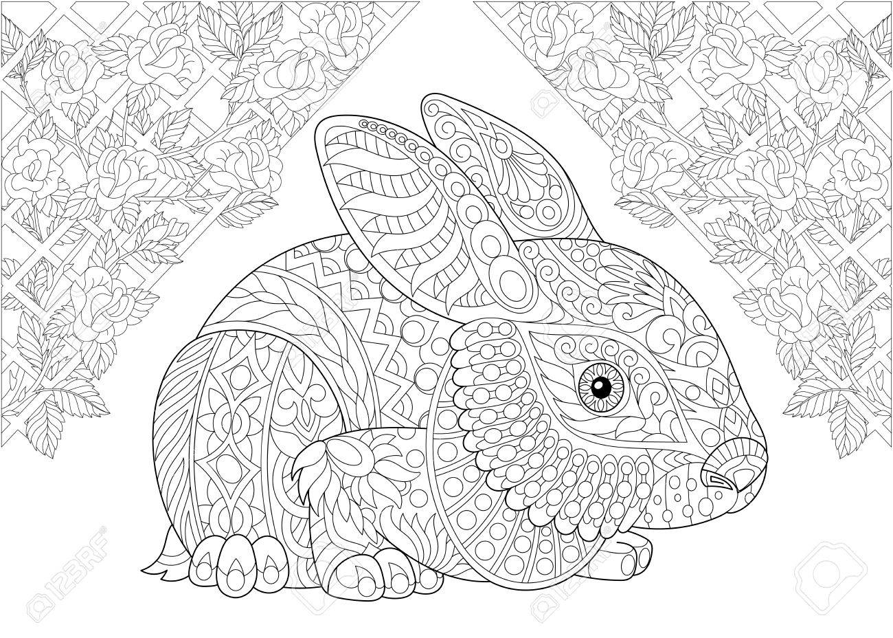 Coloring page. Rabbit from wonderland and rose flowers. Freehand sketch drawing for adult antistress colouring book in zentangle style. - 82877895 Coloring page. Rabbit from wonderland and rose flowers. Freehand sketch drawing for adult antistress colouring book in zentangle style. - 82877895