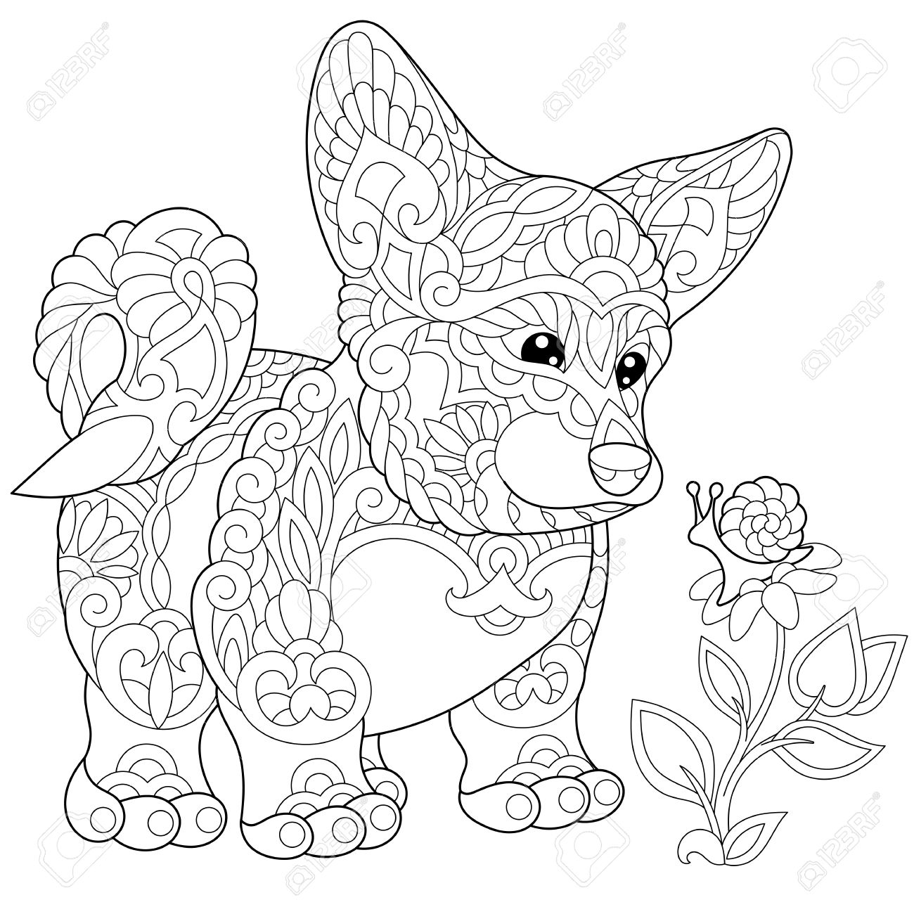 カーディガン ウェルシュ コーギーの子犬ページを着色します フリーハンド スケッチ落書きと Zentangle 要素を持つ抗ストレス大人塗り絵を描画します のイラスト素材 ベクタ Image 9805