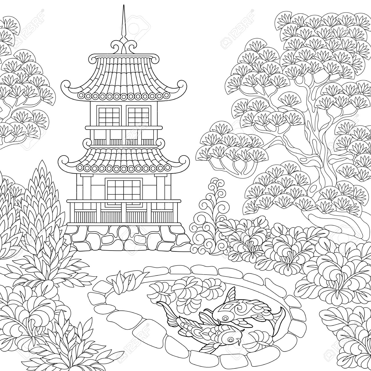 Coloring Page Of Oriental Temple. Japanese Or Chinese Pagoda Tower.  Freehand Sketch Drawing For Adult Antistress Coloring Book. Royalty Free  SVG, Cliparts, Vectors, and Stock Illustration. Image 84181089., image size:1300x1300