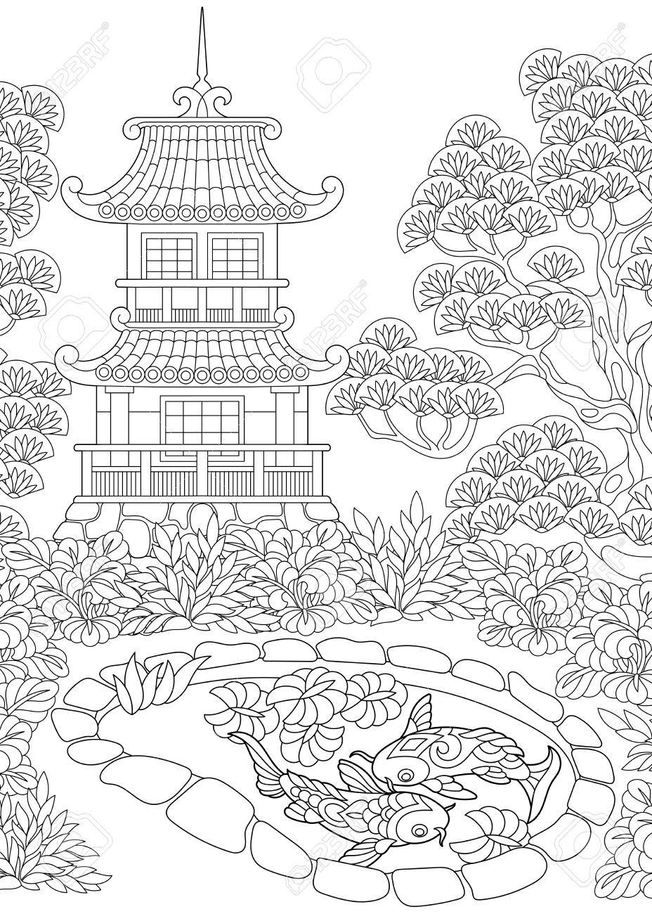 Coloring Page Of An Oriental Temple Royalty Free Cliparts Vectors And Stock Illustration Image 84471111