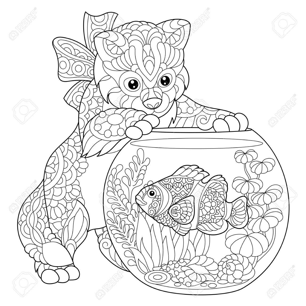 Coloring page of kitten playing with clown fish in aquarium Freehand sketch drawing for adult