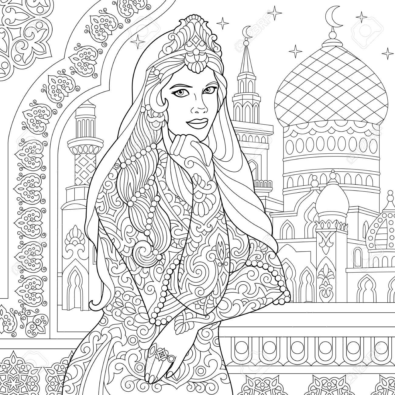Coloriage De Femme Turque Decor De Filigrane Islamique Mosquee Arabe Lunes En Croissant Et Etoiles Sur Le Fond Dessin De Croquis A Main Levee Pour Livre De Coloriage Antistress Adulte Dans Le