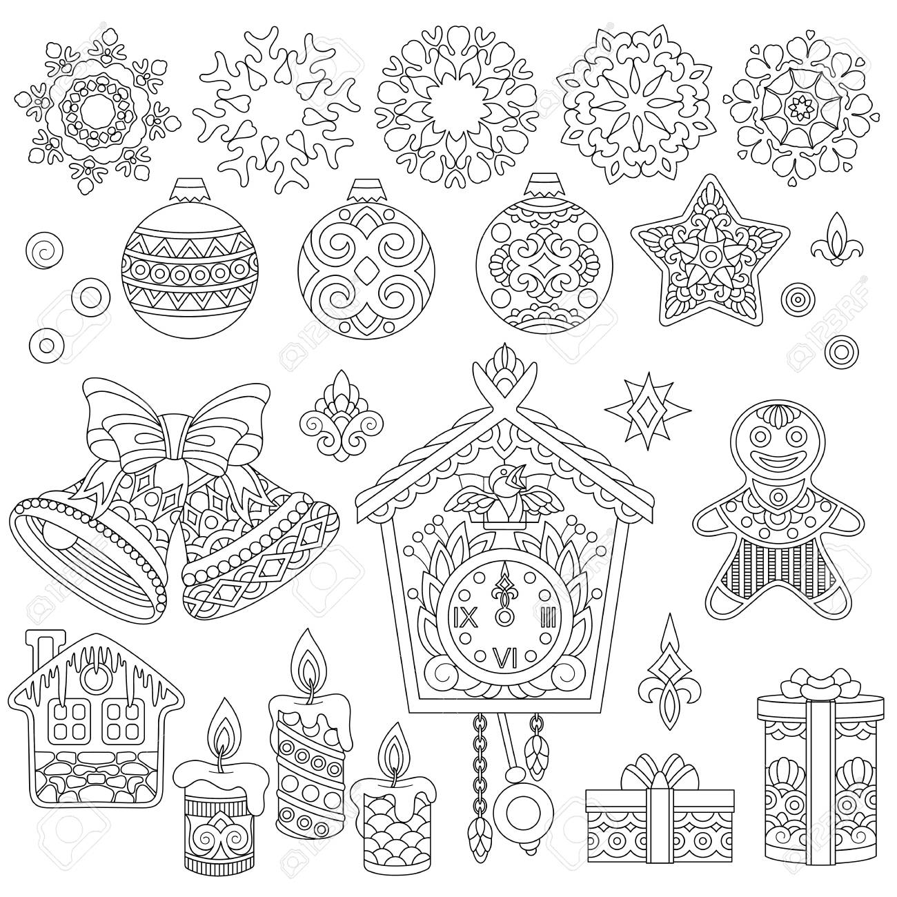 ornements de noel doodle coloriage avec collection decorations vacances pour 2018 happy new year carte voeux ou livre antistress adulte clip art libres droits vecteurs fleurs et papillons