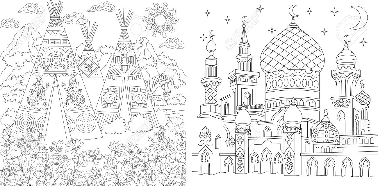 Coloring Page Adult Coloring Book Native North American Wigwam Village Boho Tribal Culture Turkish Mosque With Crescent Moons Islamic Arabic Asian Style Antistress Freehand Sketch Collection Royalty Free Cliparts Vectors And Stock