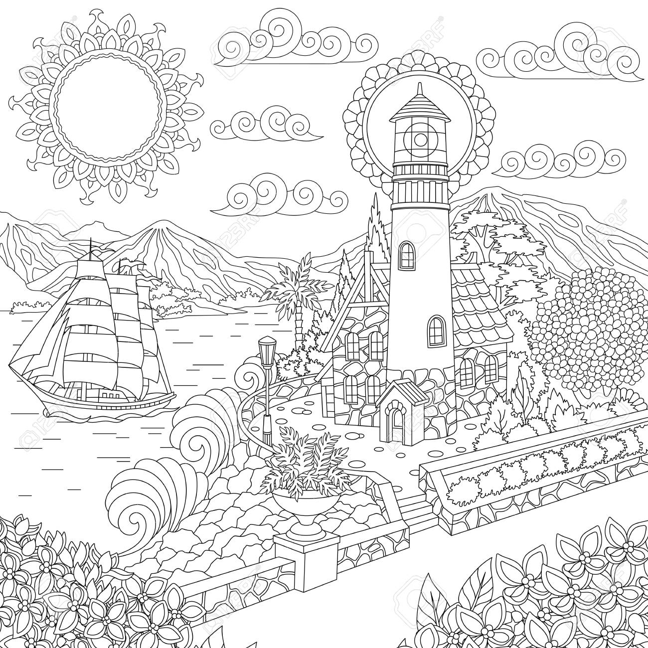 Lighthouse On Sea Shore And Sailing Ship Coloring Page Colouring Picture Adult Coloring Book Idea Freehand Sketch Drawing Vector Illustration Royalty Free Cliparts Vectors And Stock Illustration Image 103049946