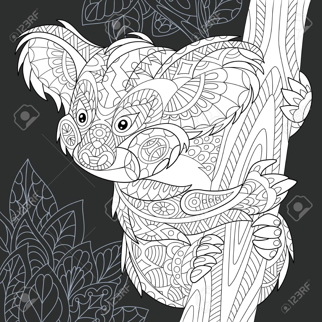 Koala Bear Drawn In Line Art Style Jungle Background In Black