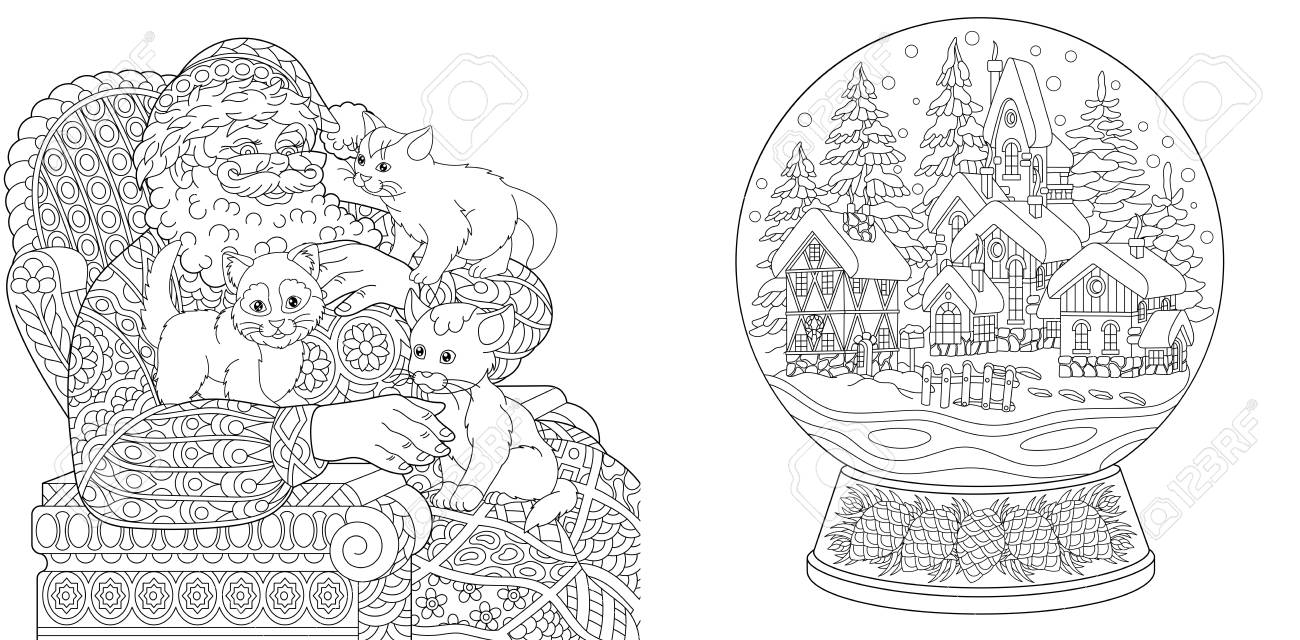 Coloring Pages. Coloring Book for adults. Colouring pictures with Santa Claus and magic snow ball. Antistress freehand sketch drawing with doodle and zentangle elements. - 110955679 Coloring Pages. Coloring Book for adults. Colouring pictures with Santa Claus and magic snow ball. Antistress freehand sketch drawing with doodle and zentangle elements. - 110955679