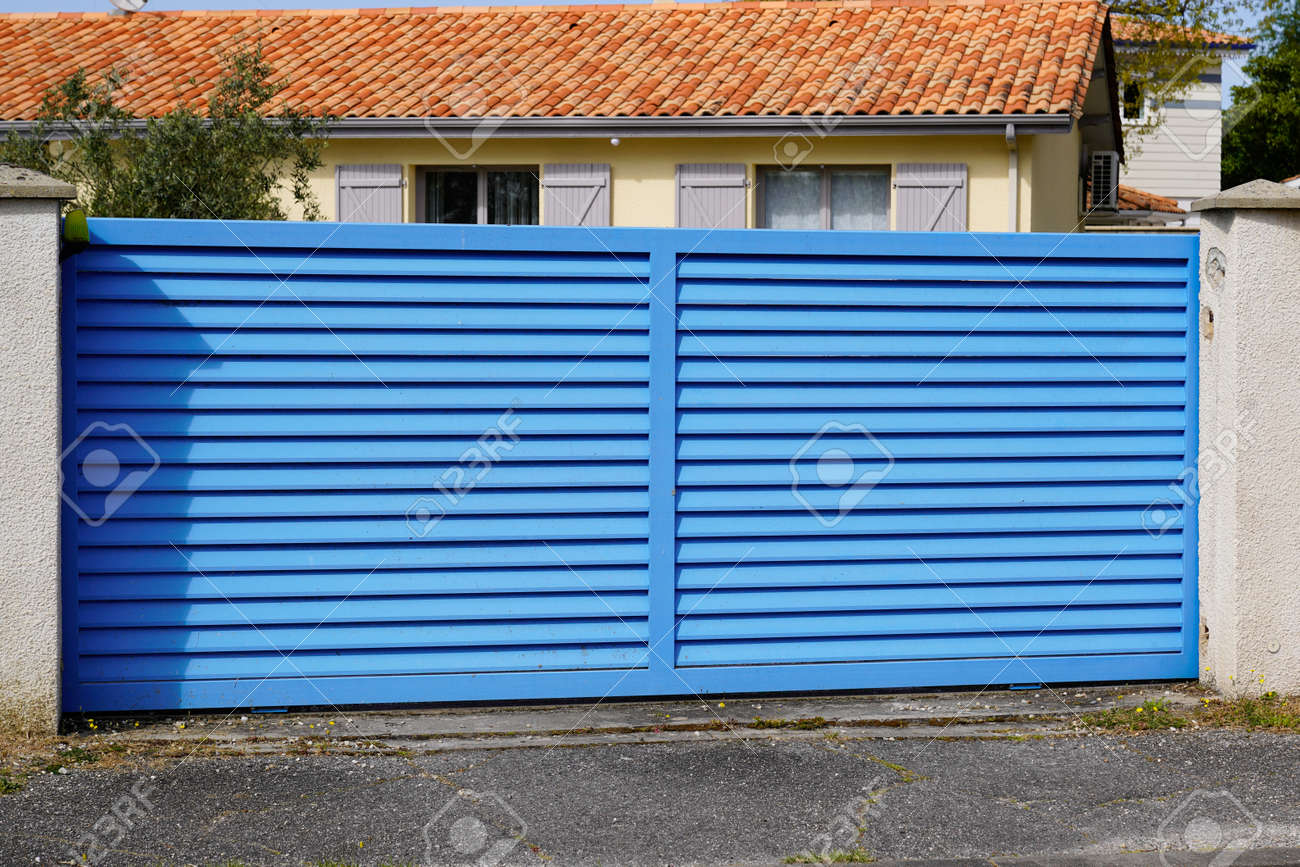 Blue classic portal sliding modern house gate door to access garage home garden - 167758925 Blue classic portal sliding modern house gate door to access garage home garden - 167758925