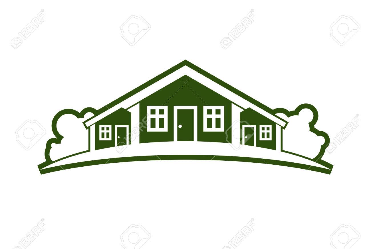 国の抽象的なイラスト家水平線 村のテーマの映像 緑の家 自然の背景 広告との不動産のためのグラフィックのエンブレムに簡単な建物 のイラスト素材 ベクタ Image