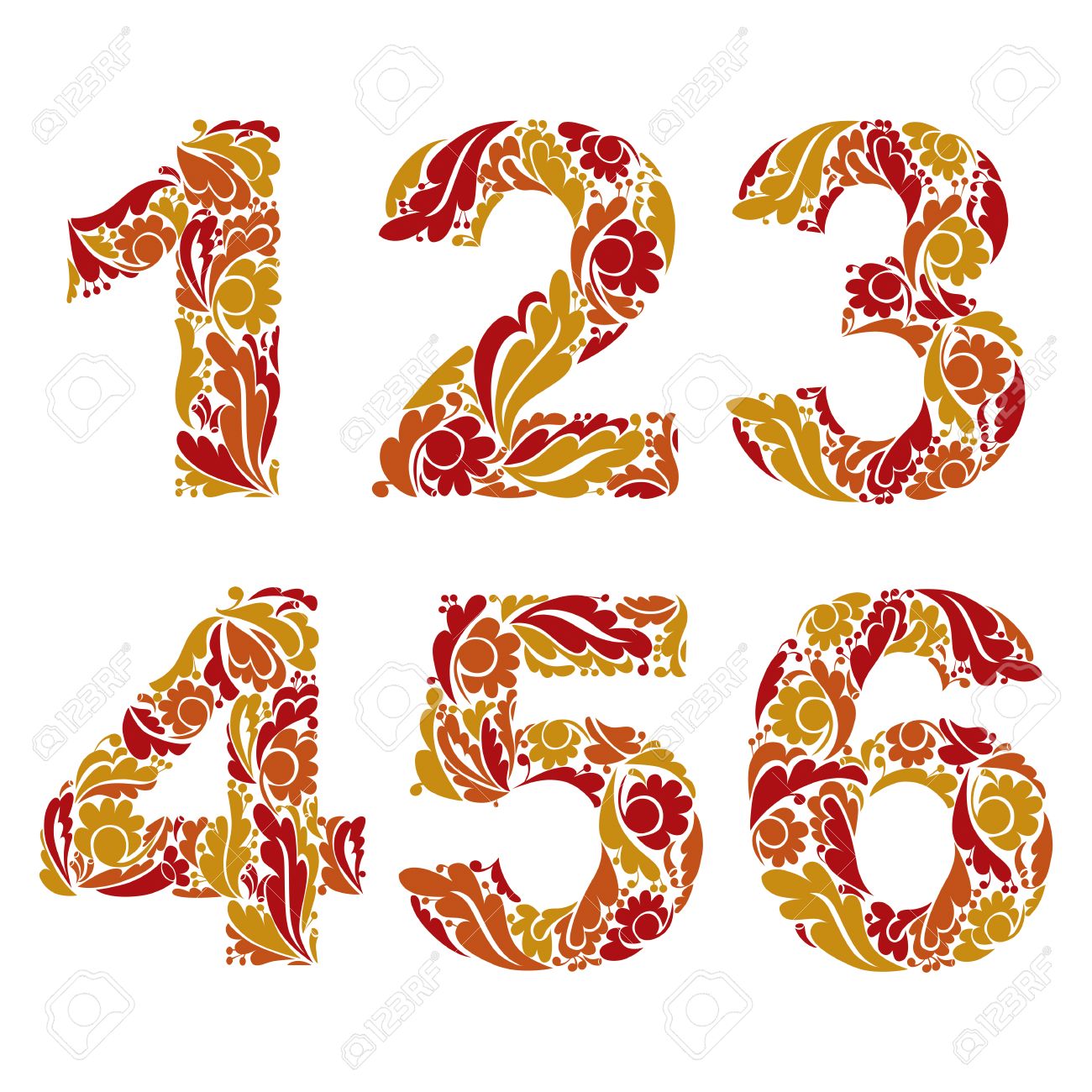 Figuras Elegantes Con Adornos A Base De Hierbas Hermosas Numeros Con Estampado De Flores 1 2 3 4 5 6 Ilustraciones Vectoriales Clip Art Vectorizado Libre De Derechos Image