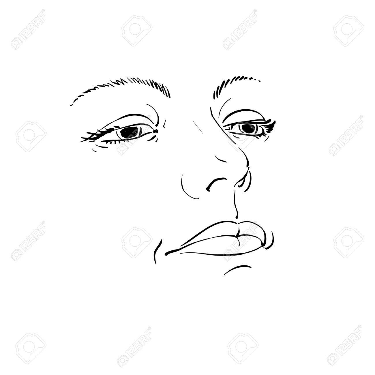 Illustration En Noir Et Blanc Du Visage Dame Caracteristiques De Visage Delicates Les Yeux Et Les Levres D Une Femme Triste L Expression Emotionnelle Clip Art Libres De Droits Vecteurs Et Illustration Image