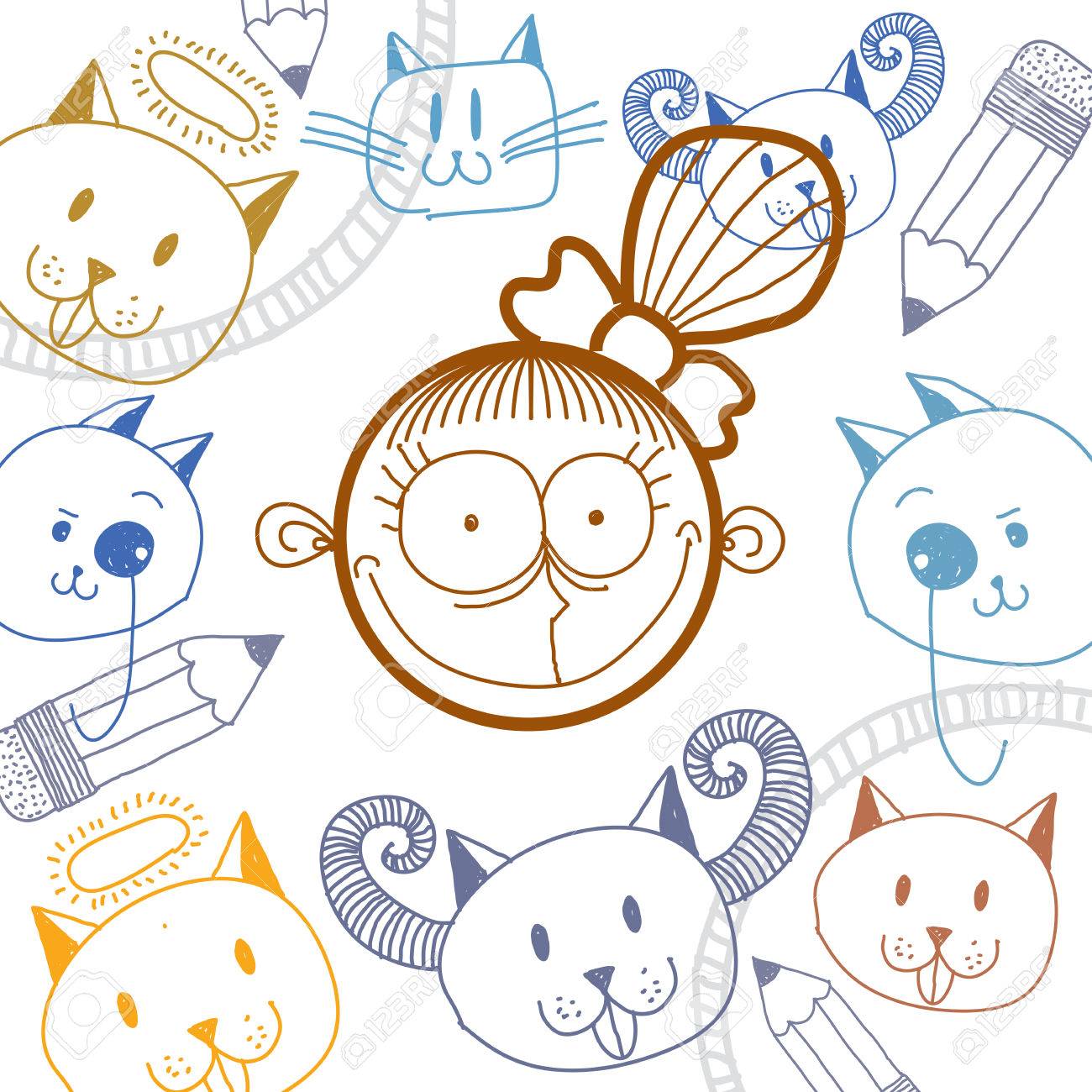 Vector Hand Drawn Cartoon Happy Girl With Modern Haircut Education