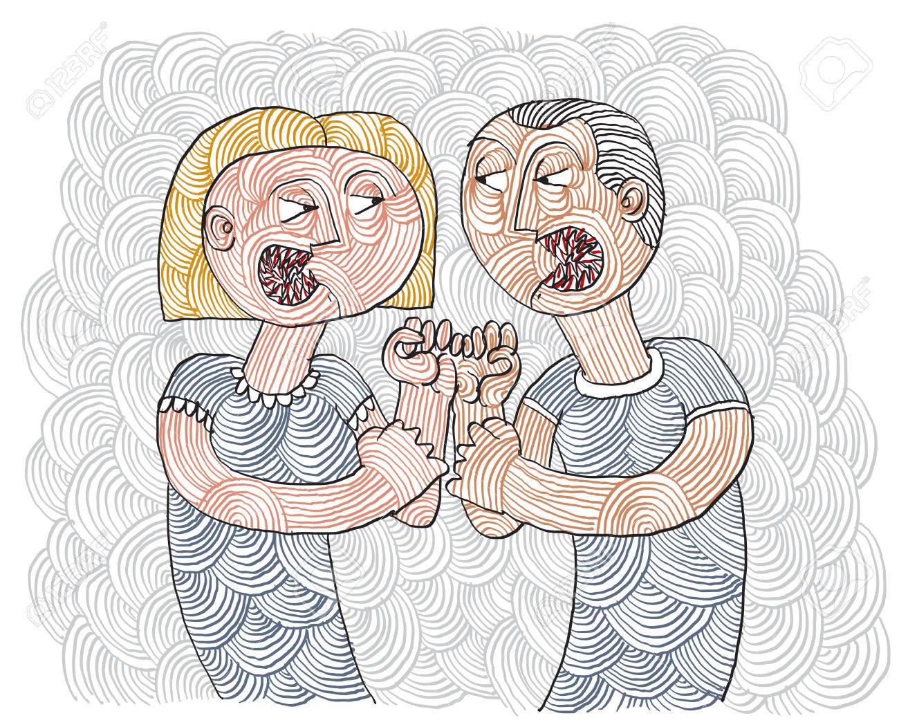 男と女の概念的な喧嘩は手描きストライプ イラスト 紛争のメタファーは 夫と妻の間の戦い のイラスト素材 ベクタ Image