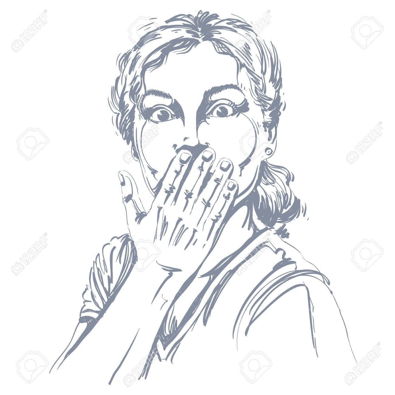 ショックを受けた若い女性の白黒ベクトル手描きイメージ 口の近くに手を握って驚いた女の子の黒と白のイラスト のイラスト素材 ベクタ Image ショックを受けた若い女性の白黒ベクトル手描きイメージ 口の近くに手を握って驚いた女の子の黒と白のイラスト のイラスト素材 ベクタ Image