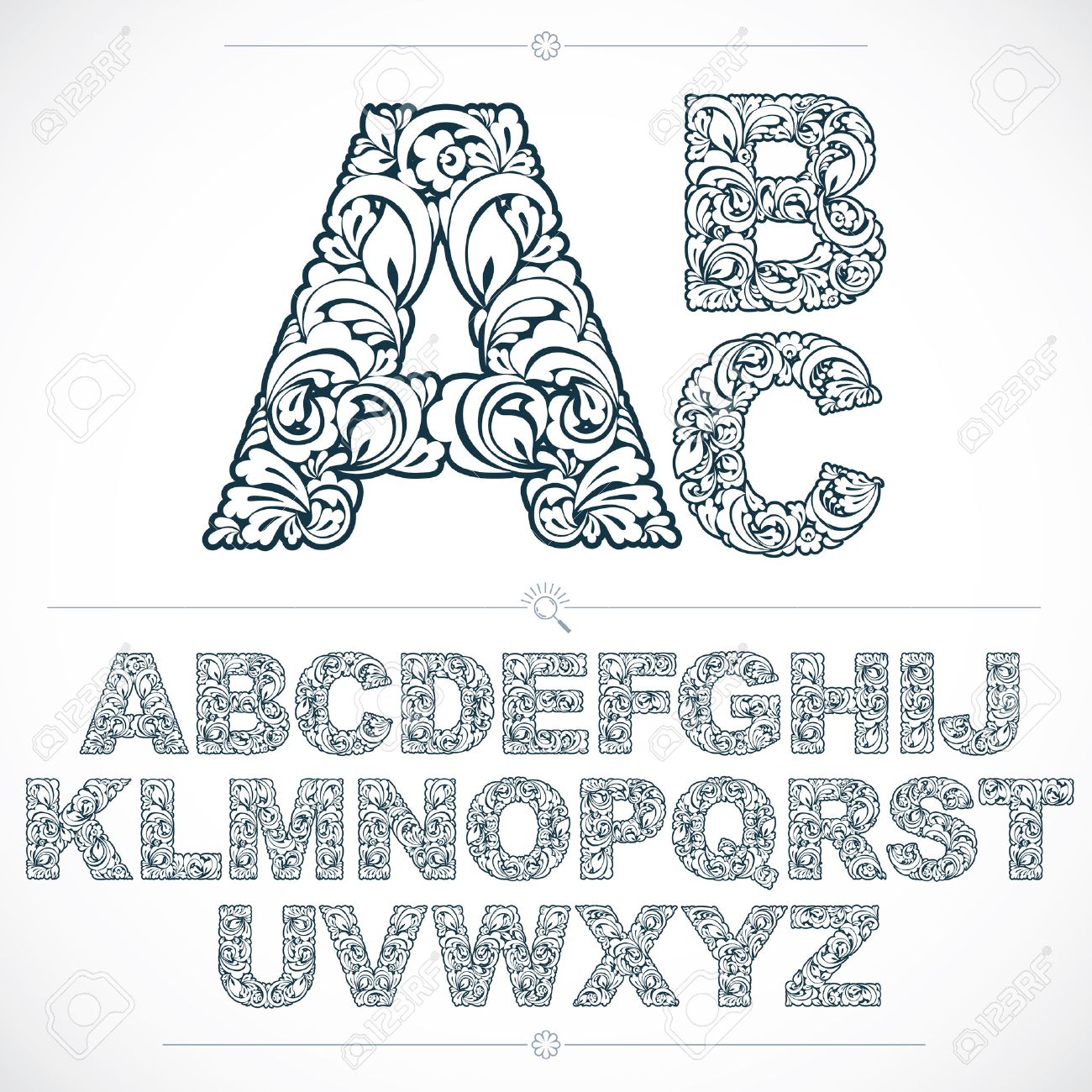 Floral alphabet sans serif letters drawn using abstract vintage pattern, spring leaves design. Black and white vector font created in natural eco style. - 54749470 Floral alphabet sans serif letters drawn using abstract vintage pattern, spring leaves design. Black and white vector font created in natural eco style. - 54749470