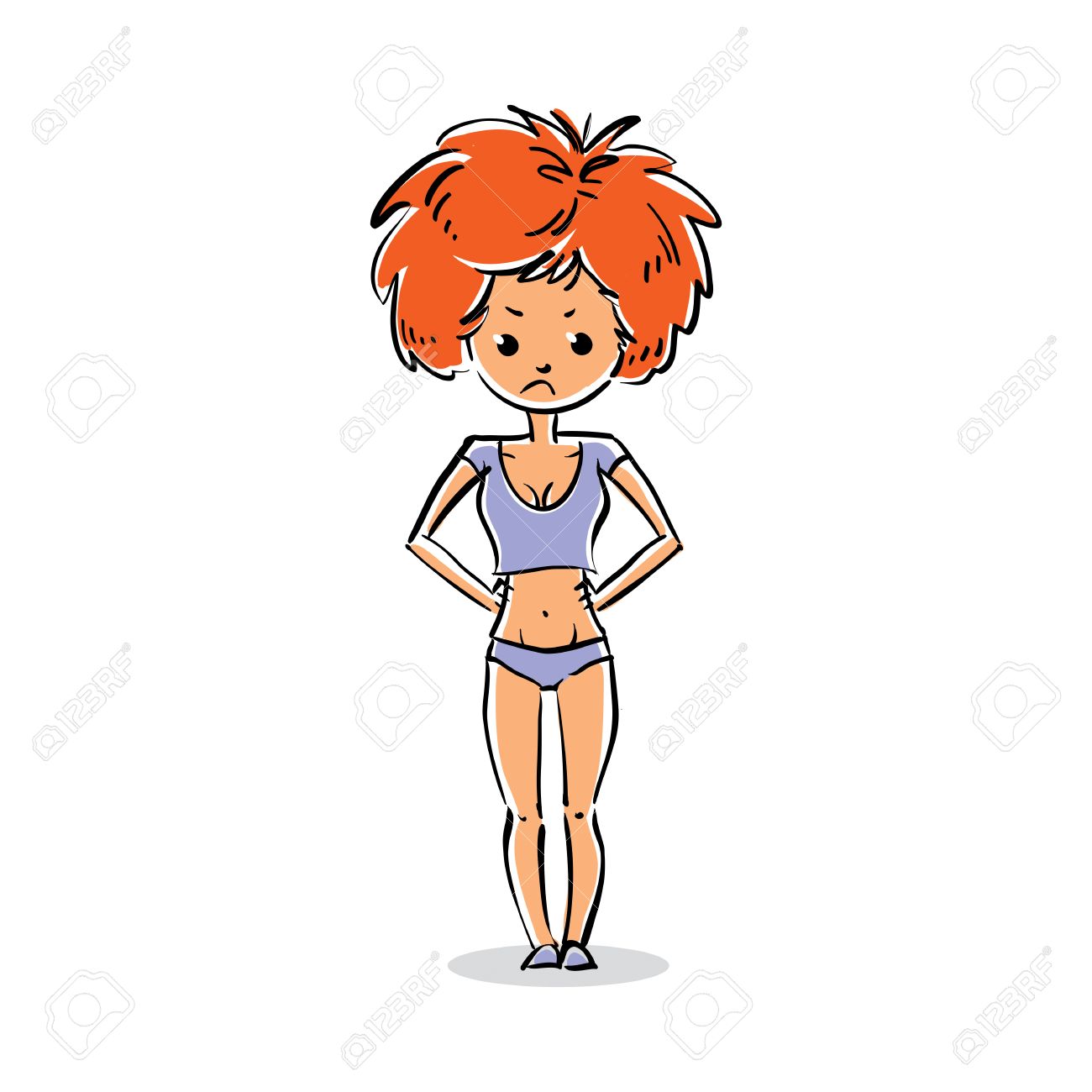 悲しい女性の全身肖像画をベクトル 漫画の人格の図 魅力的な大人赤ヘッド女性の簡単な描画 のイラスト素材 ベクタ Image