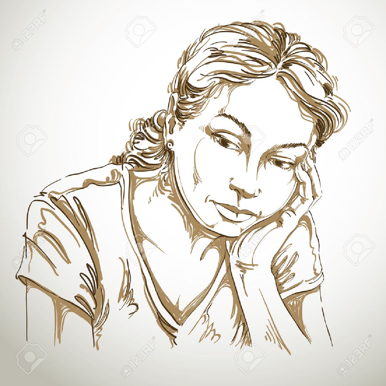 Vector Art Dessin Portrait Triste Et Déprimé Fille Penser à Quelque Chose Les Expressions Faciales Les Gens émotions Romantique Et Tendre Jeune