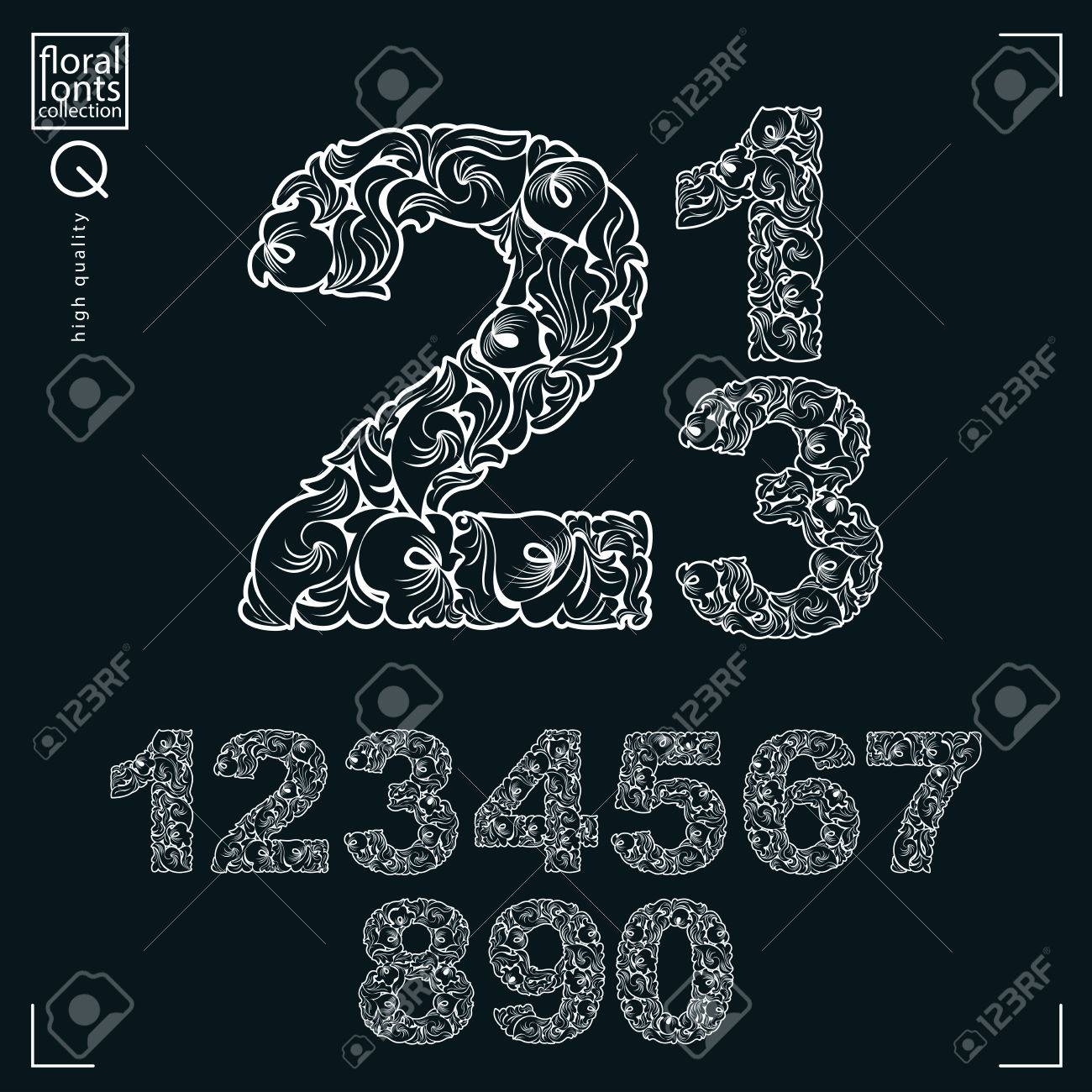 エコロジー スタイル花番号 自然の飾りを使用したベクトル記数法 黒と白の数字が春の葉と花のデザインを作成します のイラスト素材 ベクタ Image