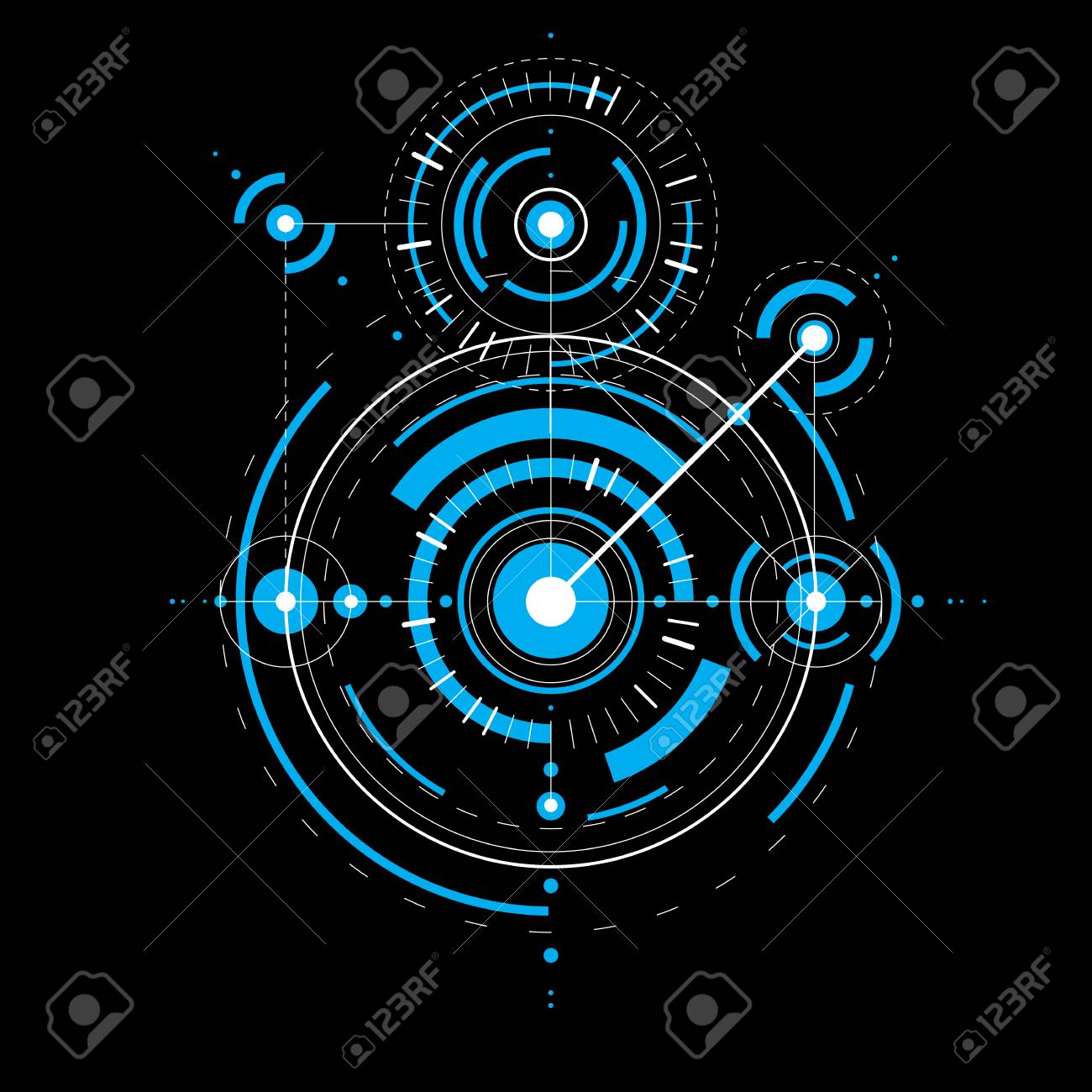 円の幾何学的なデザイン要素と技術的な青写真 青いベクトル デジタル背景 エンジニア リング システム 抽象的な技術背景のイラスト のイラスト素材 ベクタ Image