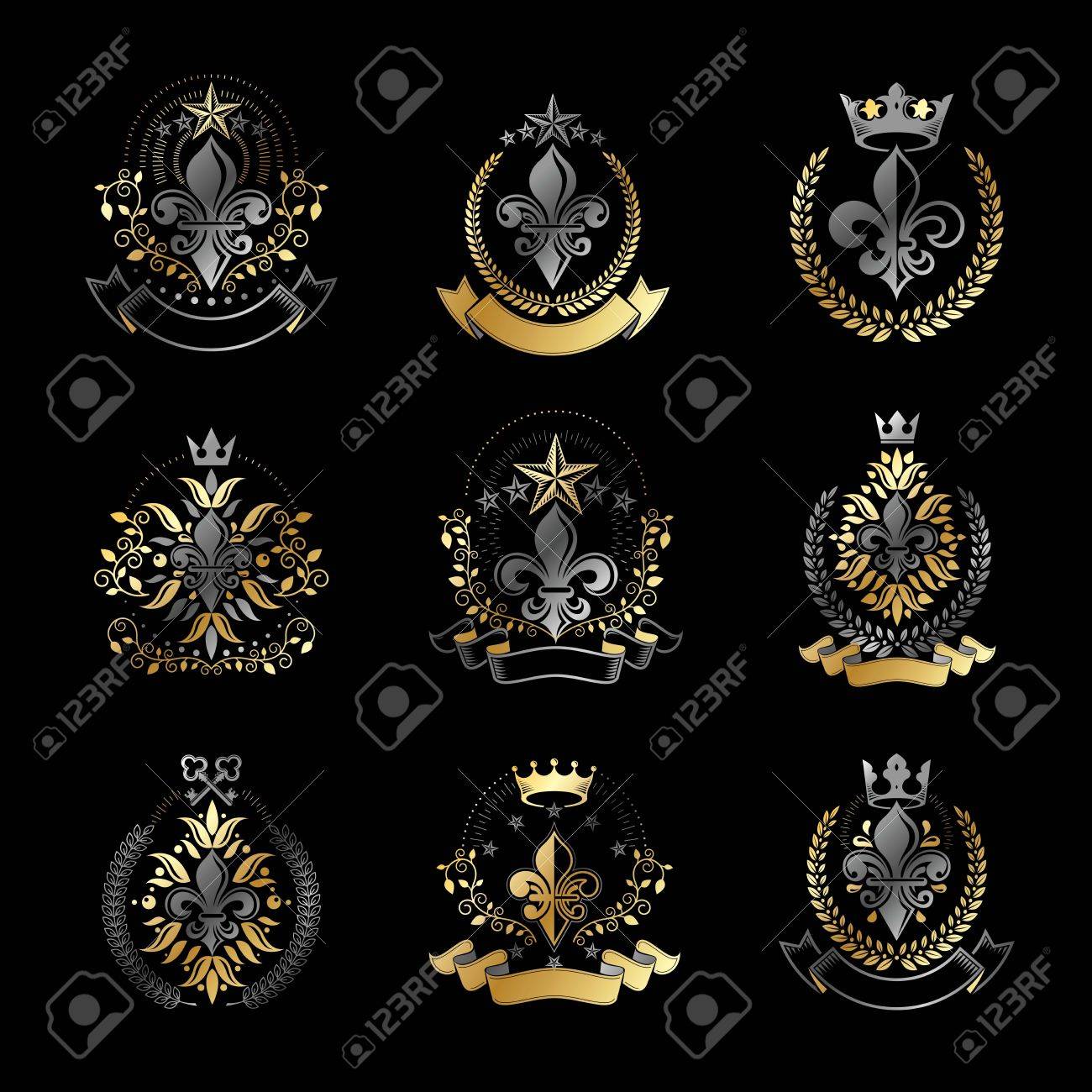 ユリの花ロイヤル シンボル エンブレムを設定します 紋章紋章付き外衣の装飾的なロゴは ベクトル イラスト コレクションを分離しました のイラスト素材 ベクタ Image 6454