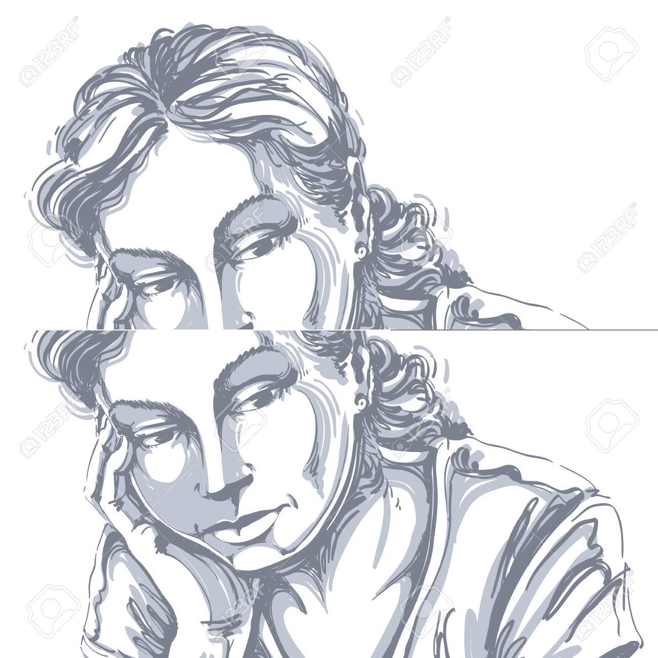 Esboço De Um Retrato De Uma Menina No Perfil. Retrato De Uma Linda Jovem. A Menina Triste. O Rosto Está Do Lado. Ilustraciones svg, vectoriales, clip art vectorizado libre de derechos. Image