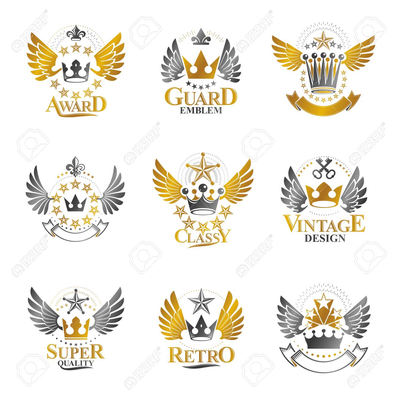 古代の王冠エンブレムを設定します 紋章のベクトル デザイン要素のコレクション レトロなスタイルのラベル 紋章ロゴ のイラスト素材 ベクタ Image