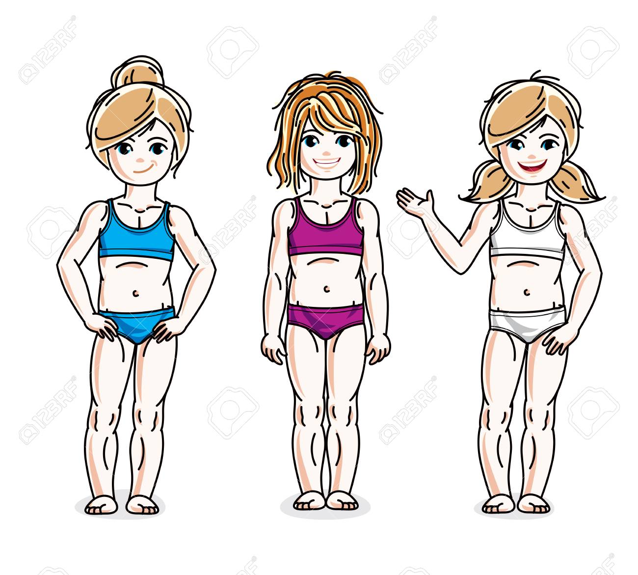 カラフルなビキニを着てポーズかわいいの幸せな女の子 ベクター子供のイラスト セット 子供の頃や家族のライフ スタイルのクリップアート のイラスト素材 ベクタ Image 7577